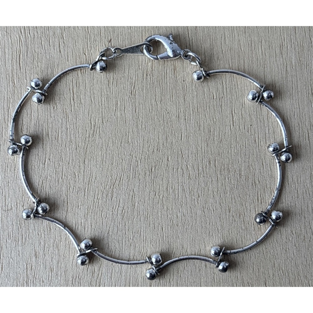 Silver Tone Curved Bar & Ball Bead Station Bracelet, Minimalist Dainty Link
